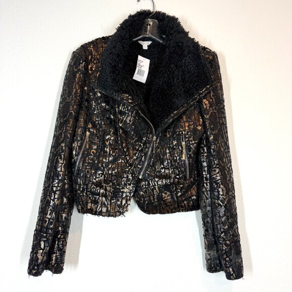 Y2K Rocker Jacket Faux Croc Pattern Black Gold Sherpa Lined Holiday Large - Picture 3 of 11